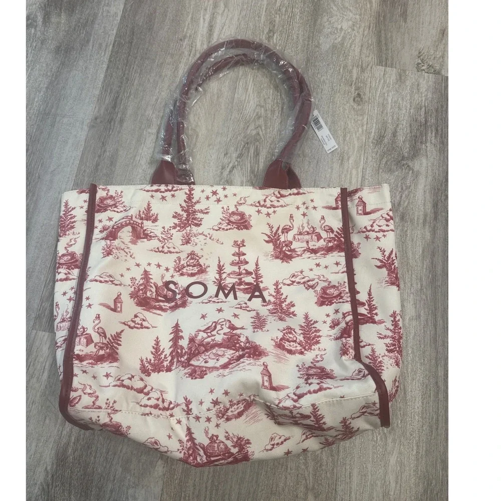 Soma Enchanted Tote Champagne Red Toile Winter Scene Canvas Bag New